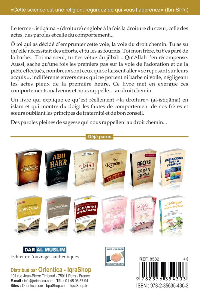 Sur le droit chemin : Comprendre La Droiture (Al-Istiqâma) - Zahir Ait-Akli- Éditions Dar Al Muslim - Couverture verso de Livre