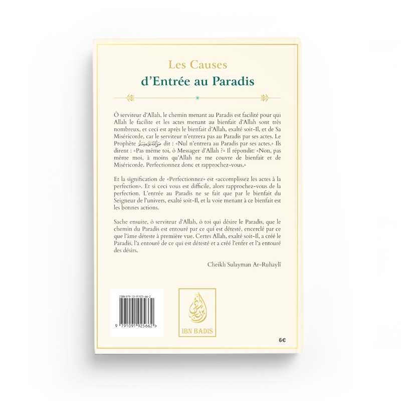 Verso du livre : Les causes d'entrée au Paradis - Cheikh Sûlaymân Ar-Rûhayli - Éditions Ibn Badis