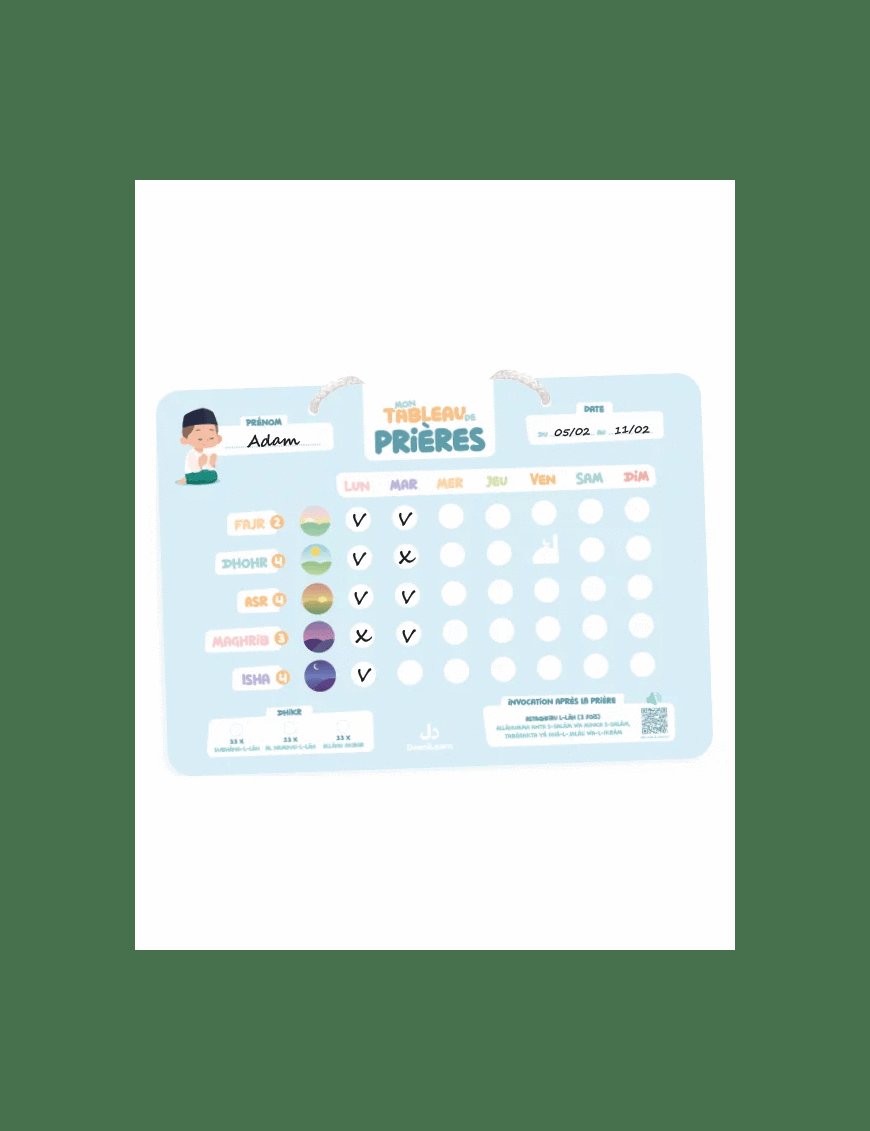 Mon tableau de prières bleu - pour un suivi hebdomadaire de mes 5 prières - Deenilearn - DeeniLearn DeeniLearn Jeu Islam Librairie Musulmane Al-imen