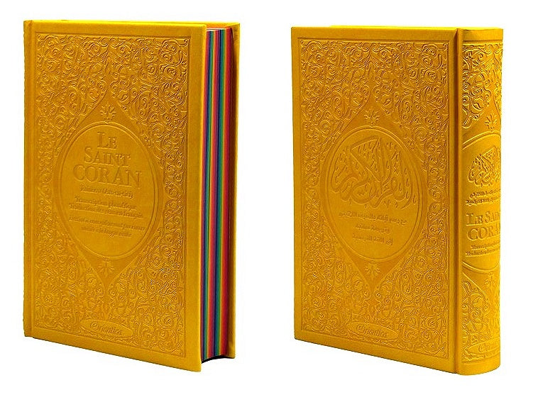 le-saint-coran-rainbow-arc-en-ciel-francais-arabe-avec-transcription-phonetique-edition-de-luxe-couverture-cuir-jaune