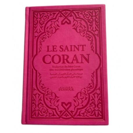le-saint-coran-rose-couverture-daim-pages-arc-en-ciel-francais-arabe-phonetique-maison-ennour