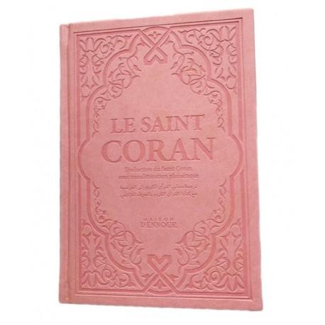 le-saint-coran-rose-pale-couverture-daim-pages-arc-en-ciel-francais-arabe-phonetique-maison-ennour