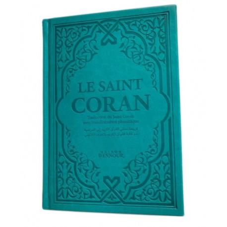 le-saint-coran-turquoise-couverture-daim-pages-arc-en-ciel-francais-arabe-phonetique-maison-ennour